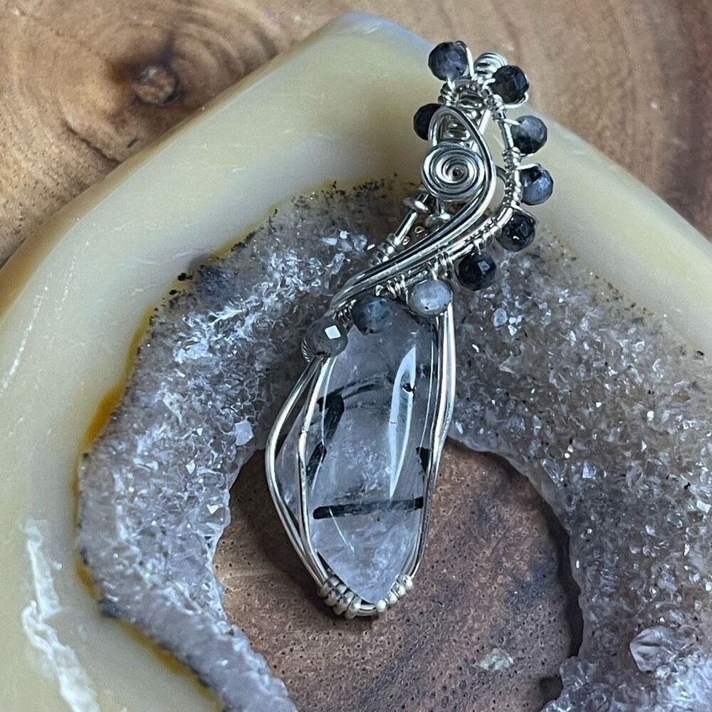 Rutilated quartz turmaline silver plated copped wire wrap pendant small hand cra